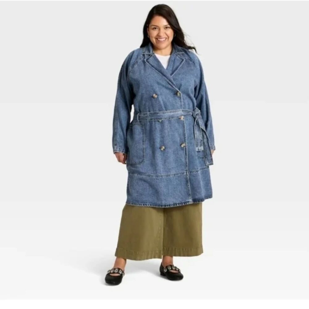 Women's Denim Trench Coat - Ava & Viv Medium Wash 1X